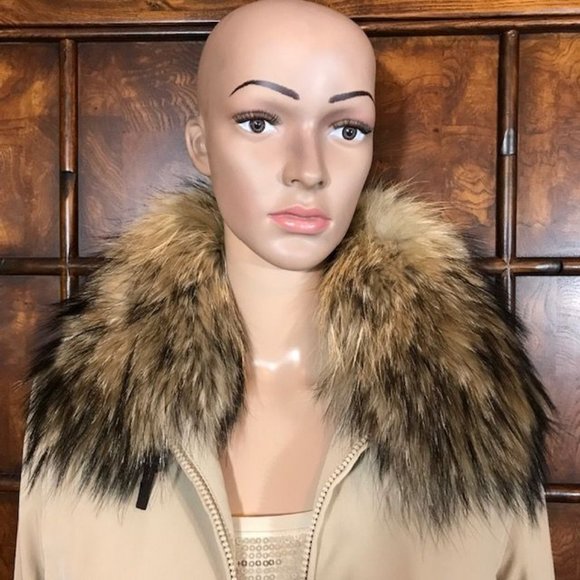 Anne Klein Genuine Raccoon Fur Detachable Collar Vegan Leather Trim Zip Jacket - Picture 9 of 16